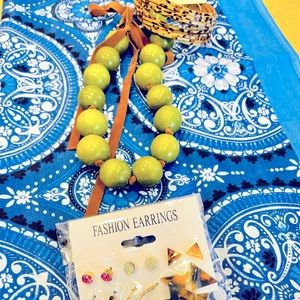 Avocado Green Wooden Bead Necklace Leather Tie New Fashion Earrings & New Bangle